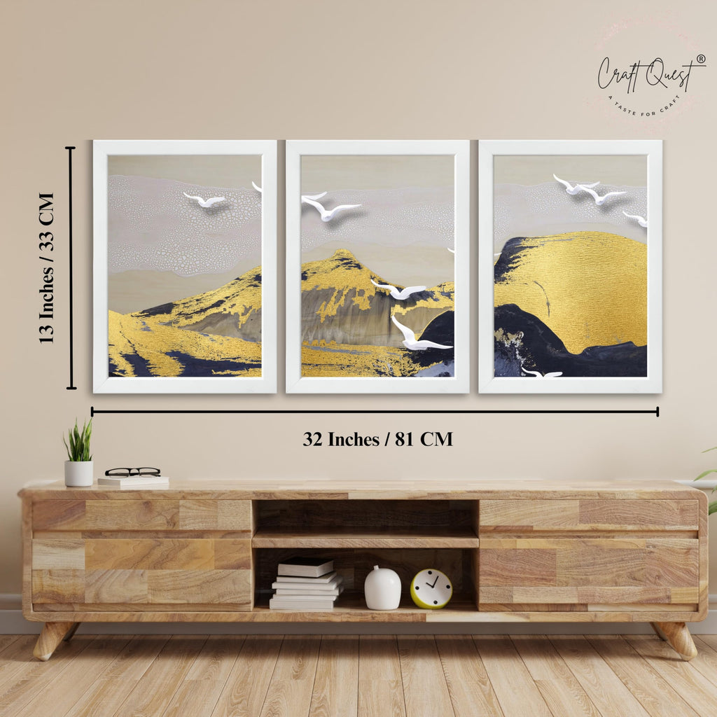 CRAFT QUEST Modern Art Abstract Porch Golden Wall Art | Set of 3 Frames for Home Decoration | Ideal for Living Room, Bedroom & Offices