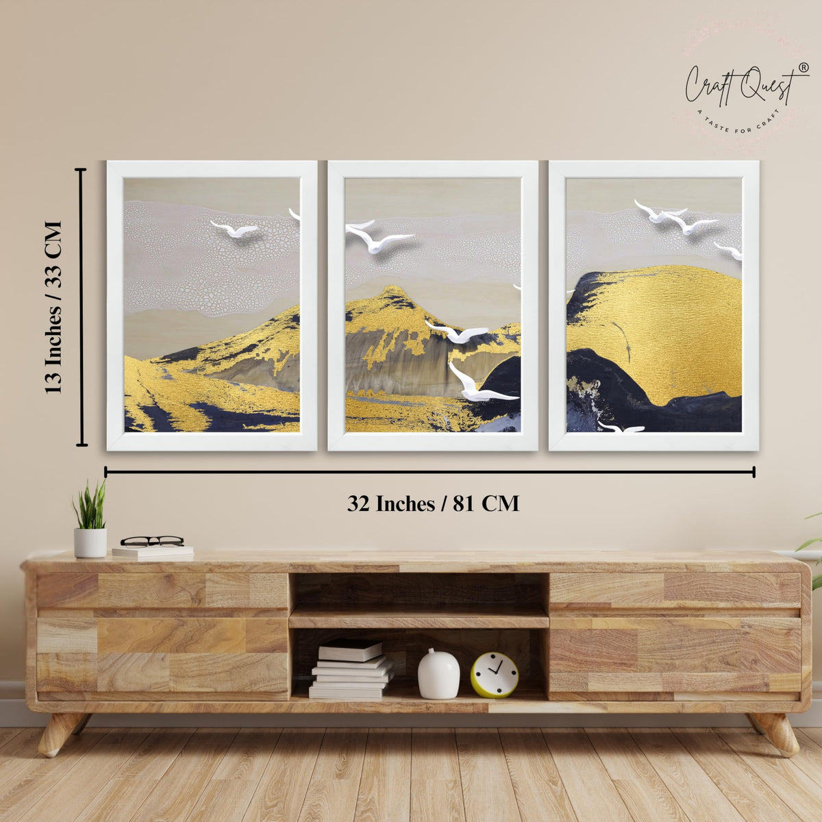 CRAFT QUEST Modern Art Abstract Porch Golden Wall Art | Set of 3 Frames for Home Decoration | Ideal for Living Room, Bedroom & Offices