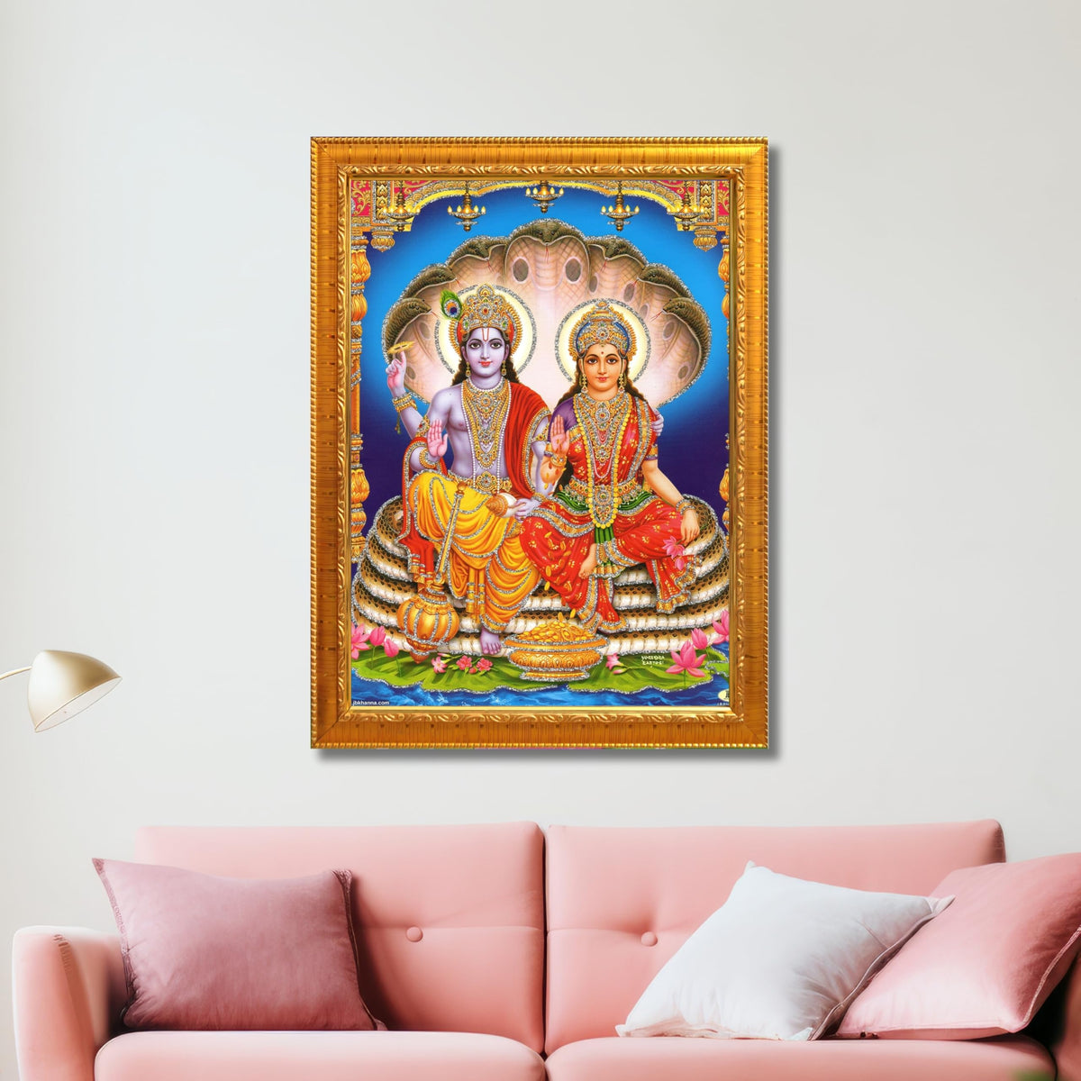 CRAFT QUEST Lord Vishnu and Goddess Lakshmi Giving Blessing on Shesh naag Glitter Painting with Golden Synthetic Frame