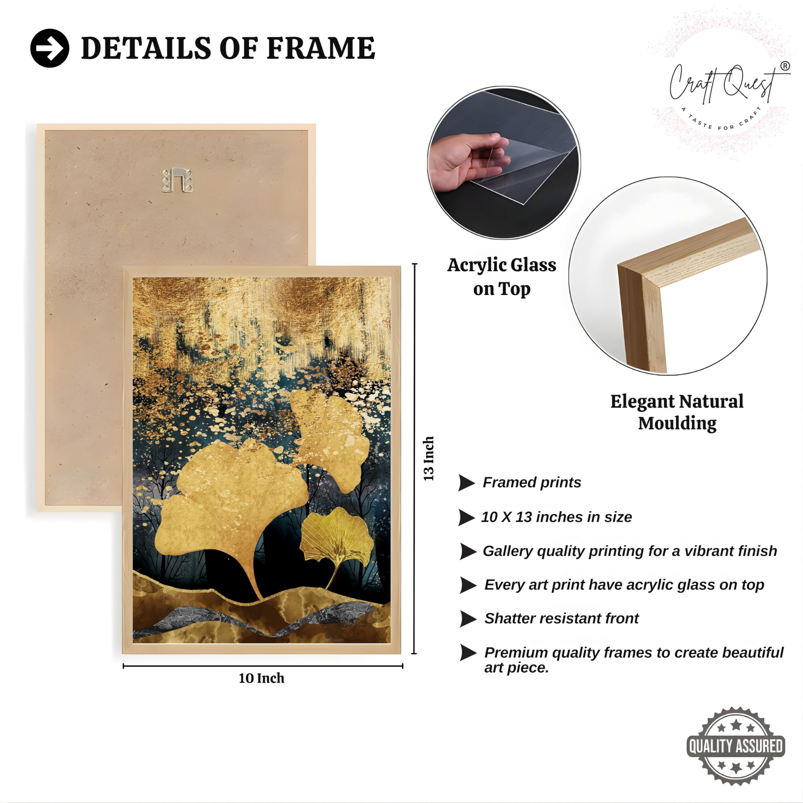 CRAFT QUEST Modern Art Of Ginko Leaves With Golden Mountains Wall Art | Set of 3 Frames for Home Decoration | Ideal for Living Room, Bedroom & Offices