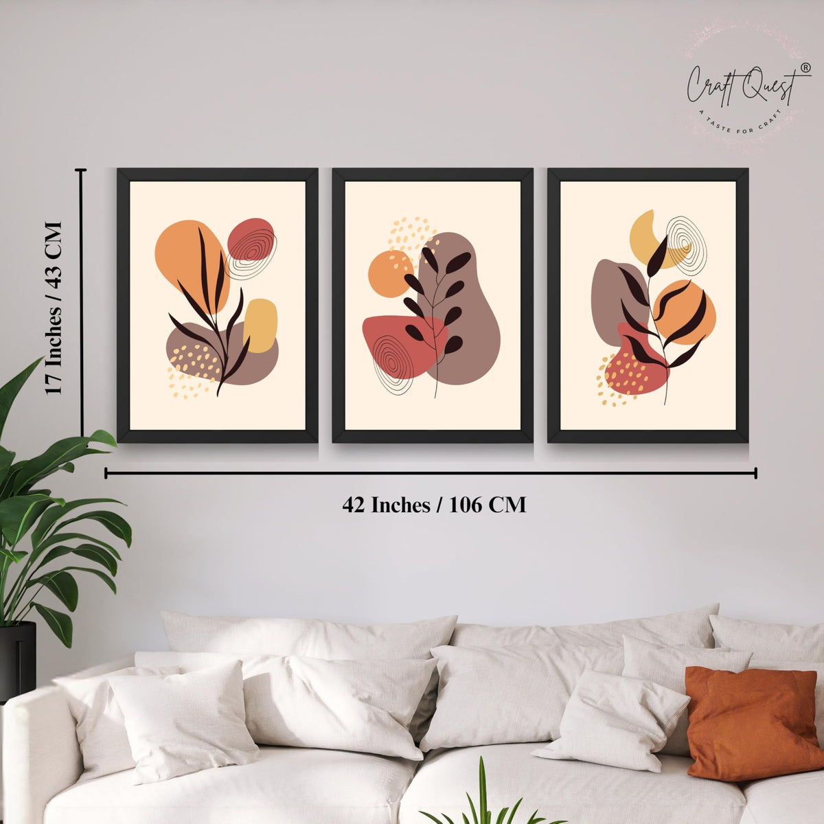 CRAFT QUEST Wall Art Decor Paintings | Set of 3 BOHO Wall Art Frames for Home Decoratio | Ideal for Living Room, Office & Bedrooms