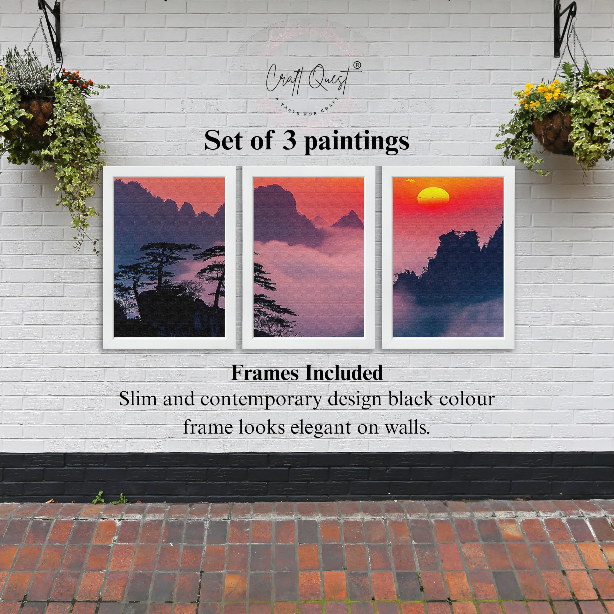 CRAFT QUEST Nature Inspired Mountains & Clouds Wall Art | Set of 3 Frames for Home Decoration | Ideal for Living Room, Bedroom & Offices