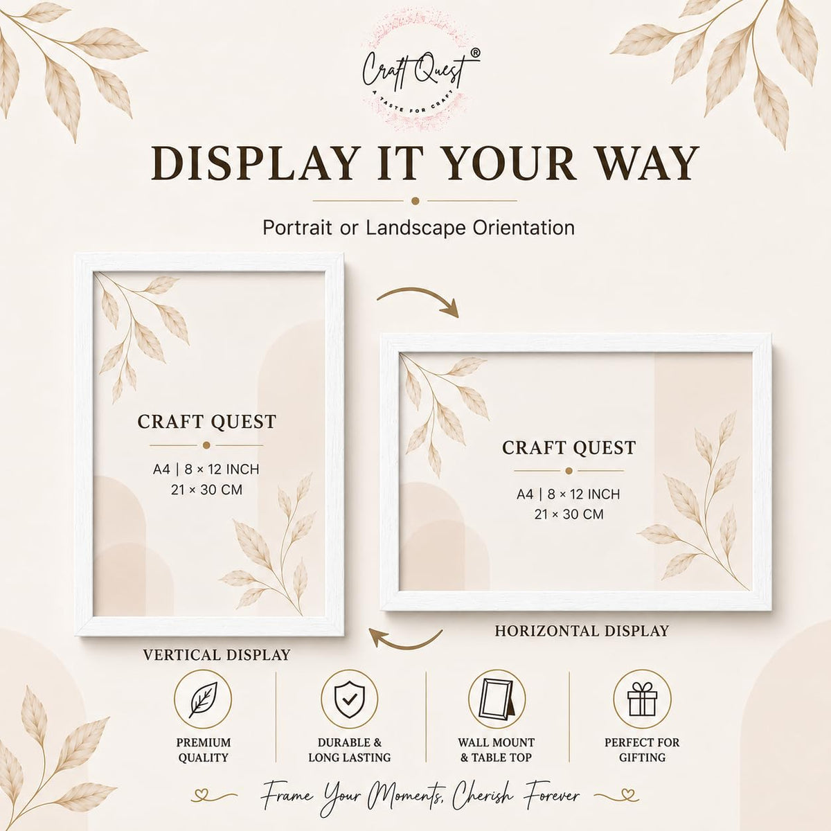 CRAFT QUEST 4X6 Inch Size synthetic Wall Mount Photo frames Single For Home Decoration, Living Room, Office Decoration (Natural, Set of 1)
