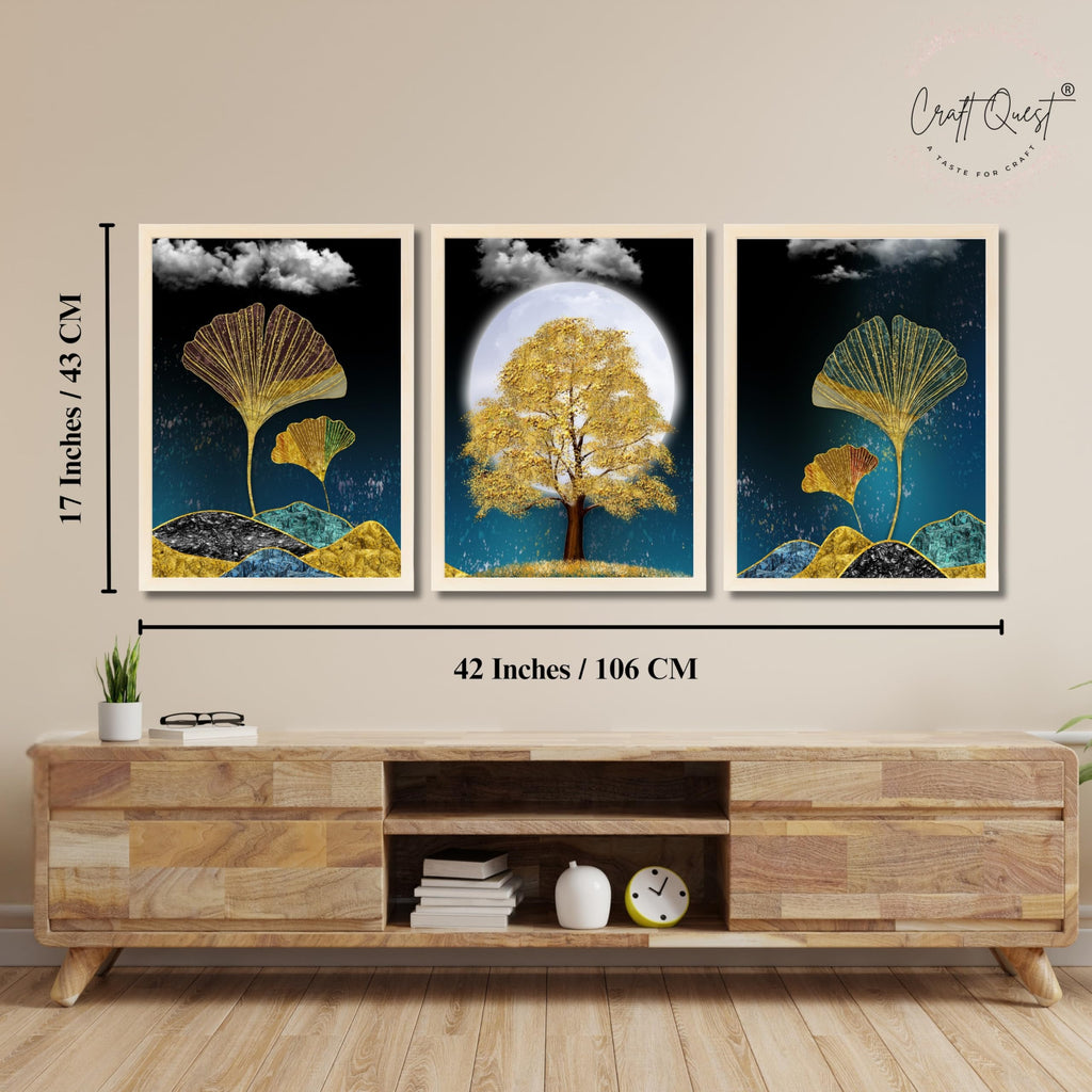 CRAFT QUEST Modern Art Mural With Golden Christmas Trees Wall Art | Set of 3 Frames for Home Decoration | Ideal for Living Room, Bedroom & Offices