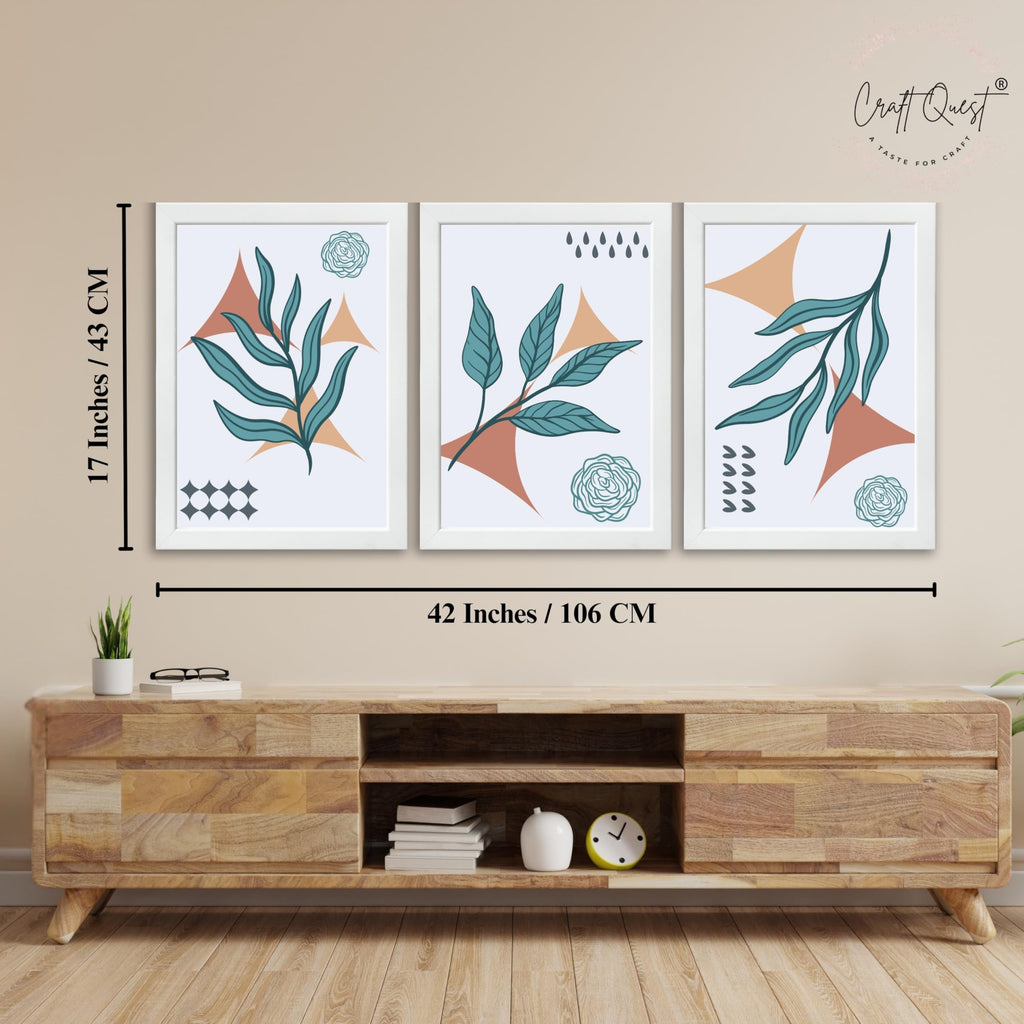 CRAFT QUEST Nature Inspired Botanical Wall Art Abstract Leaves Wall Art | Set of 3 Frames for Home Decoration | Ideal for Living Room, Bedroom & Office