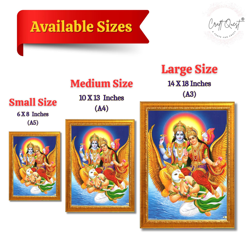 CRAFT QUEST Lord Vishnu and Goddess Lakshmi Giving Blessing on Garud Jii, Glitter Work Painting wooden framed