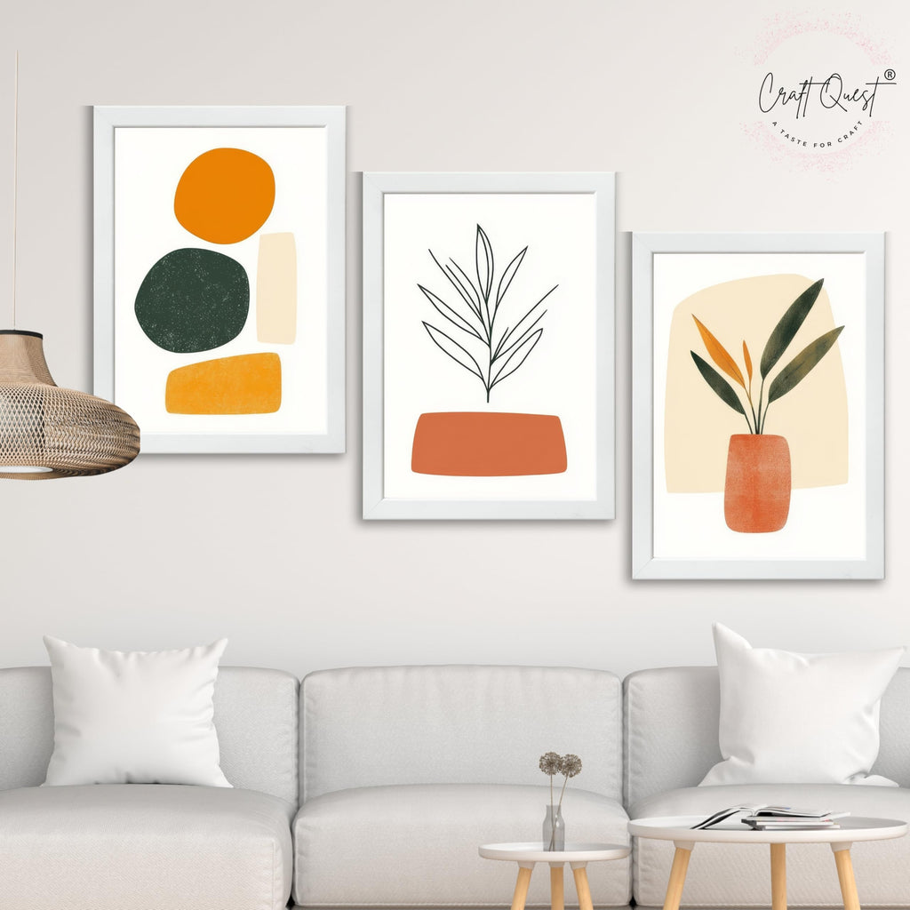 CRAFT QUEST SET OF 3 Organic Abstract Wall Art | Set of 3 Frames for Home Decoration | Ideal for Living Room, Bedroom & Offices