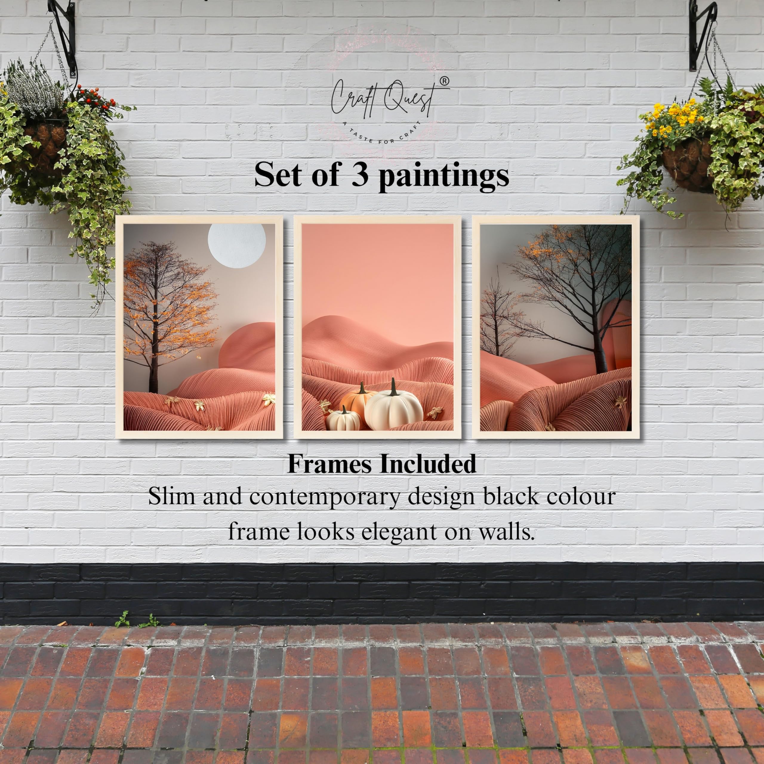 CRAFT QUEST Nature Inspired Autumn Minimalist Modern Wall Art | Set of 3 Frames for Home Decoration | Ideal for Living Room, Bedroom & Office