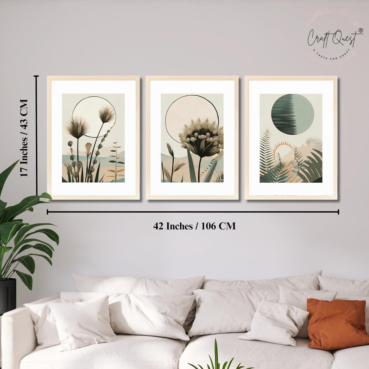CRAFT QUEST Boho Abstract Flowers & Leaves | Set of 3 Frames for Home Decoration | Ideal for Living Room, Bedroom & Offices