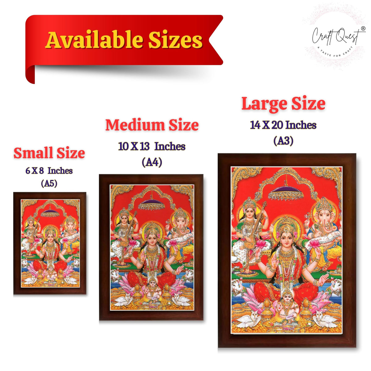 CRAFT QUEST Lord Laxmi Ganesh Saraswati Religious God Hindu Photo Frame for Diwali,Wall, Office, Temple, Pooja, Living Room Home and Decor Item