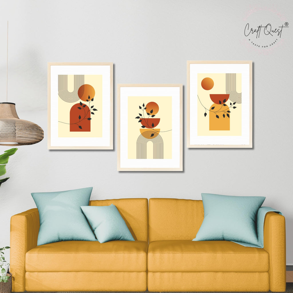 CRAFT QUEST Boho Contemporary Botanical Modern Wall Art | Set of 3 Frames for Home Decoration | Ideal for Living Room, Bedroom & Offices