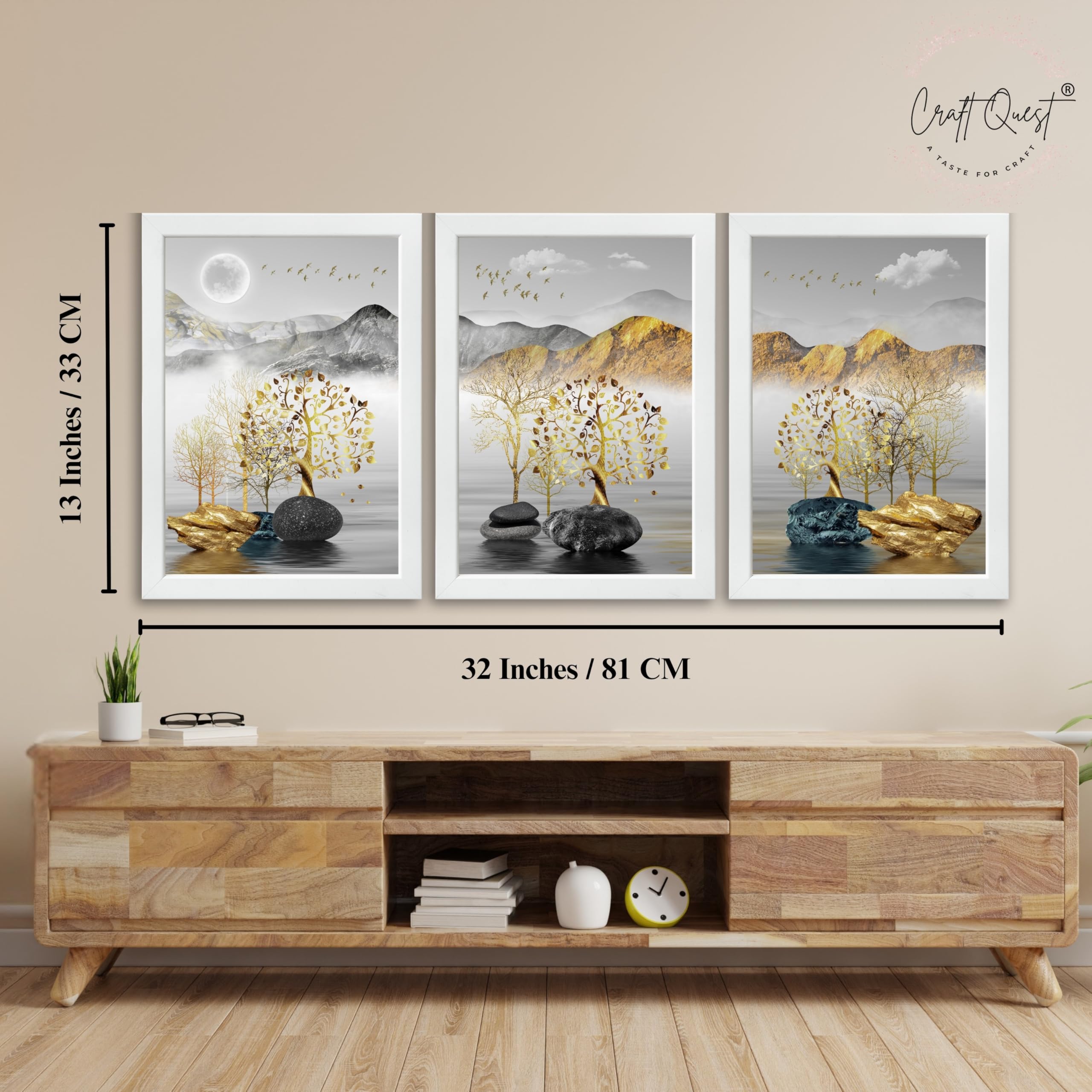 CRAFT QUEST Modern Art Landscape Golden Tree,Birds & Mountains Wall Art | Set of 3 Frames for Home Decoration | Ideal for Living Room, Bedroom & Offices