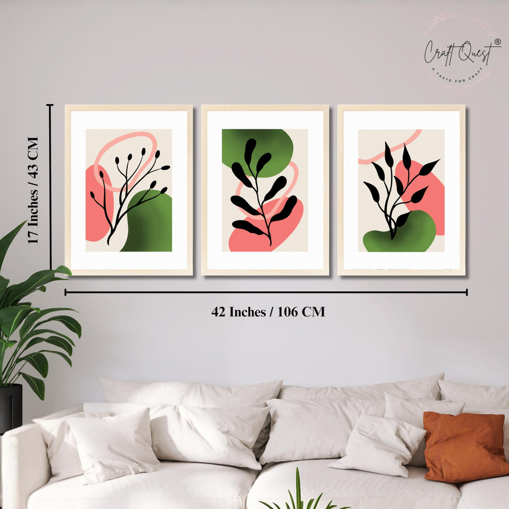 CRAFT QUEST Nature Inspired Abstract Shape & Leaf Wall Art | Set of 3 Frames for Home Decoration | Ideal for Living Room, Bedroom & Offices