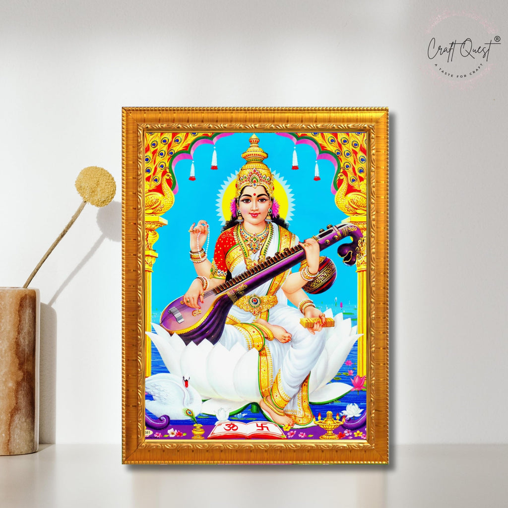 CRAFT QUEST Saraswati Devi Goddess Saraswathi Maa Wall Painting Sparkle Coated Framed Home Décor Synthetic wood Frame
