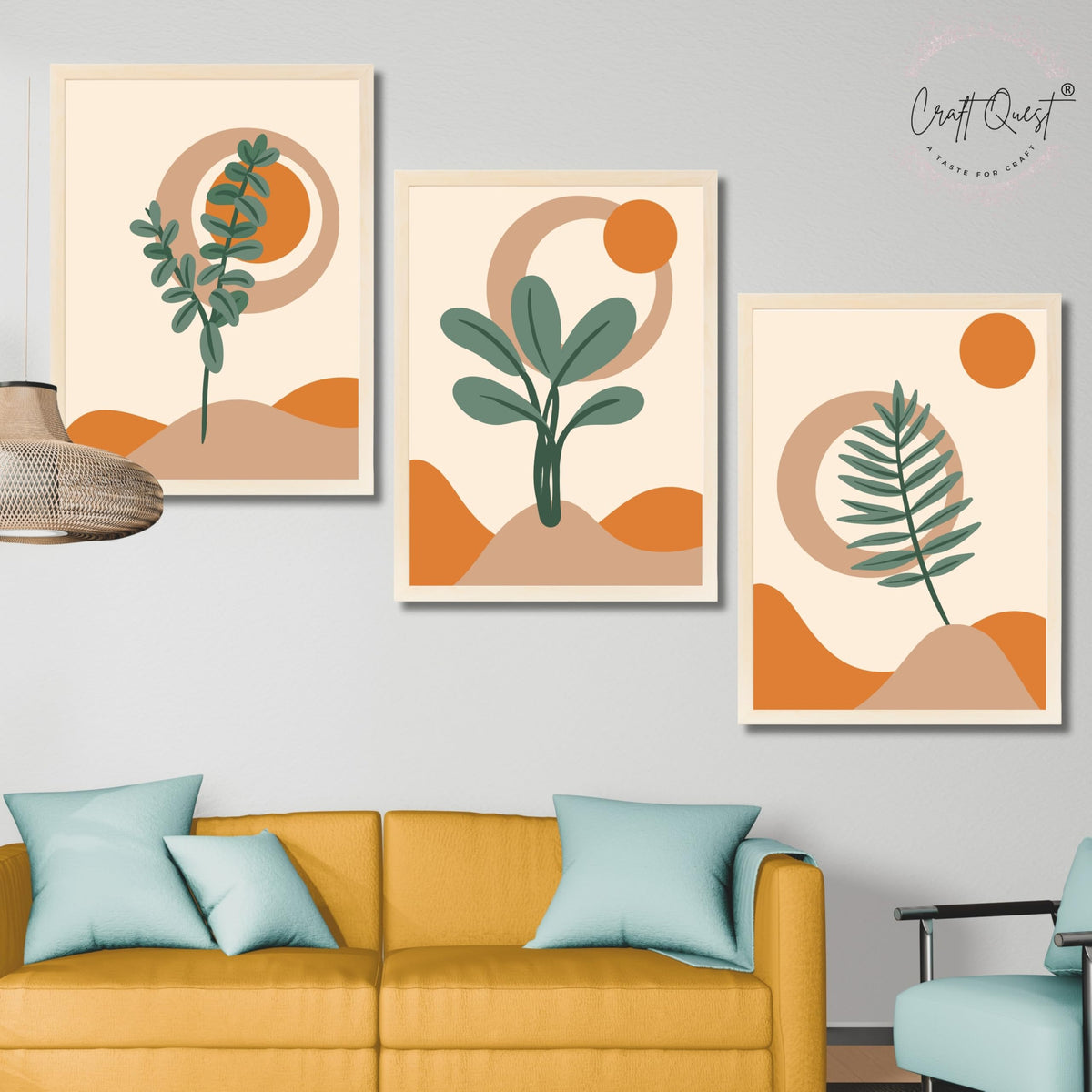 CRAFT QUEST Wall Art Decor Paintings | Set of 3 BOHO Wall Art Frames for Home Decoratio | Ideal for Living Room, Offices & Bedrooms