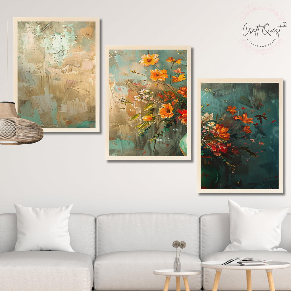 CRAFT QUEST Nature Inspired Paintings Of Flowers Wall Art | Set of 3 Frames for Home Decoration | Ideal for Living Room, Bedroom & Office
