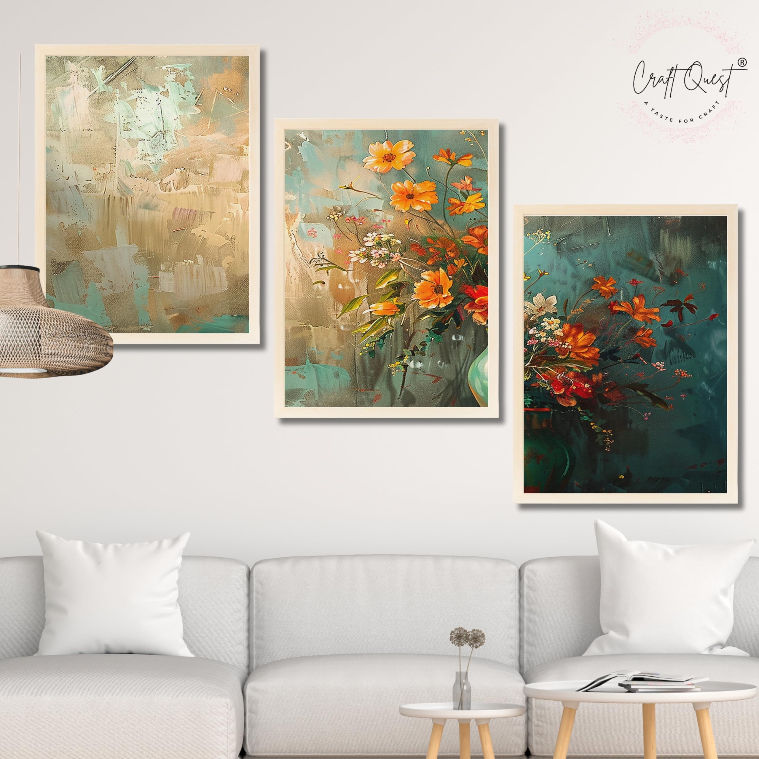 CRAFT QUEST Nature Inspired Paintings Of Flowers Wall Art | Set of 3 Frames for Home Decoration | Ideal for Living Room, Bedroom & Office