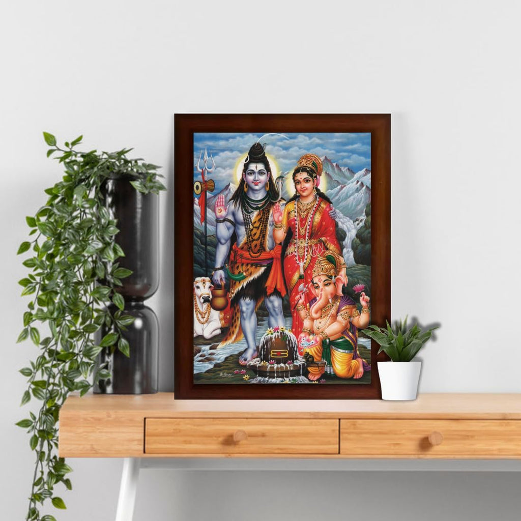 Craft Quest Shiv Parivar (Shiv Shankar, Maa Parvati, Ganesh and Kartikey) Religious Wood Photo Frame Sparkle Coated for Pooja (14 X 10 inch, Multicolour)
