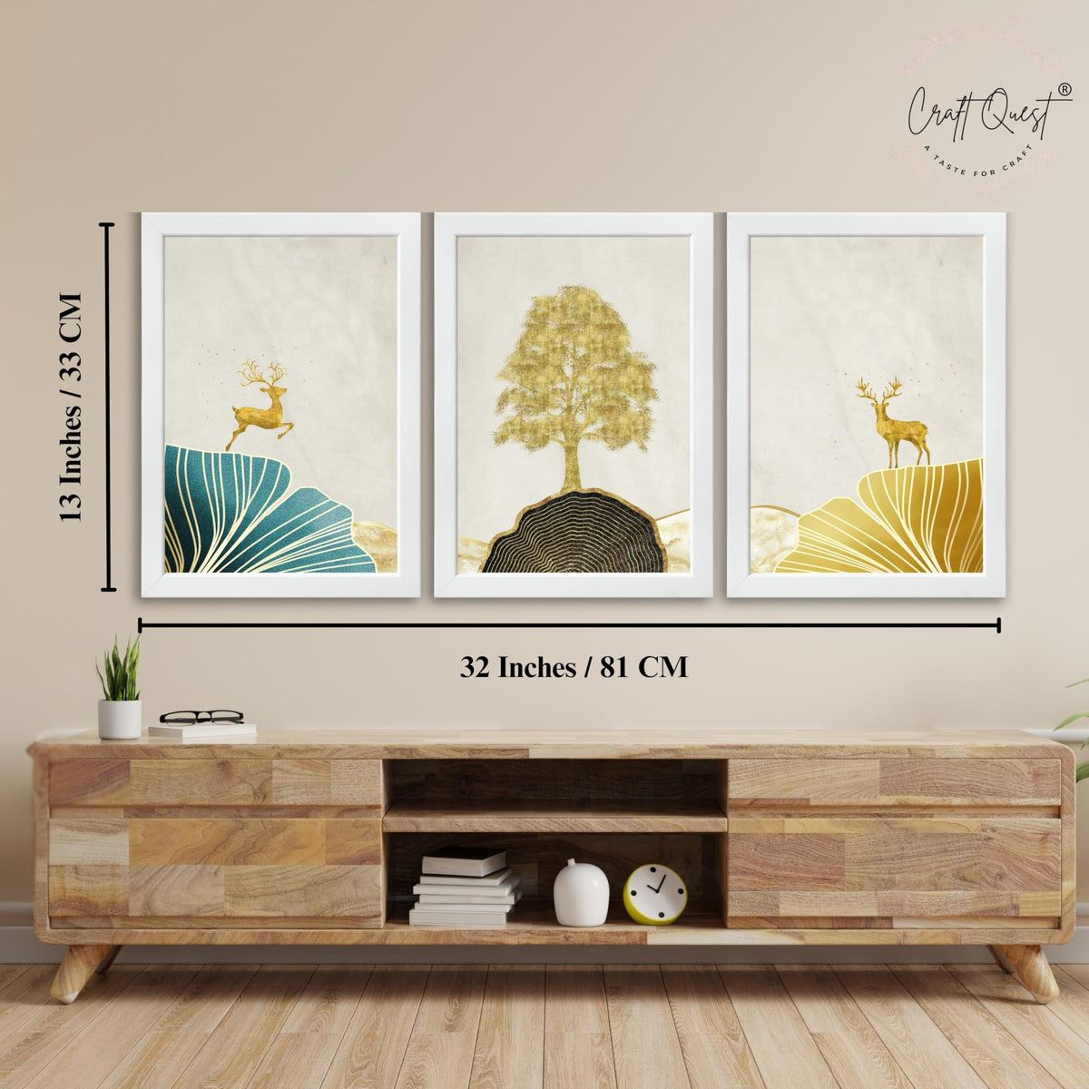 CRAFT QUEST Modern Art Landscape Of Golden Tree & Deer Wall Art | Set of 3 Frames for Home Decoration | Ideal for Living Room, Bedroom & Offices