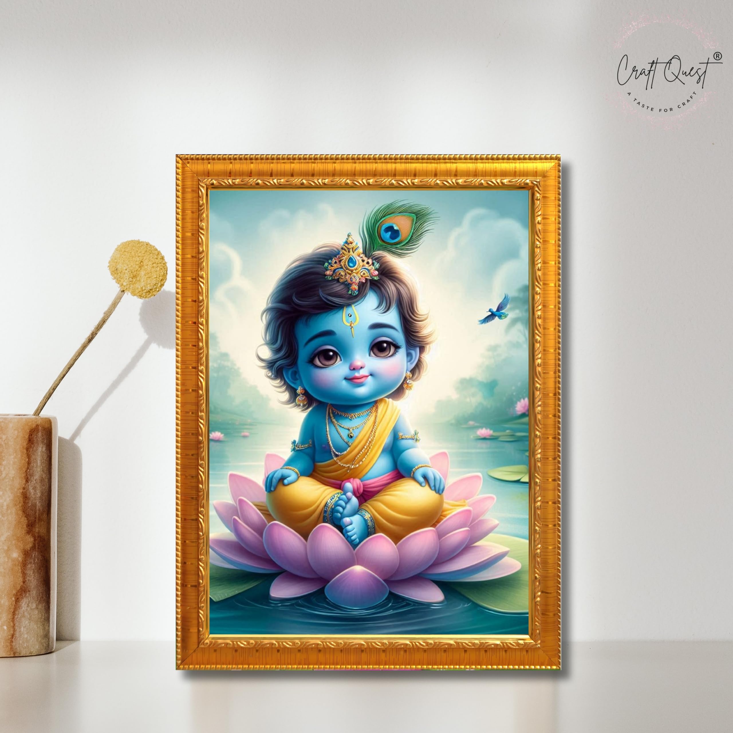 CRAFT QUEST Cute Baby Krishna HD Print | Little Krishna Frame for Home Temple, Office Desk, Décor Item
