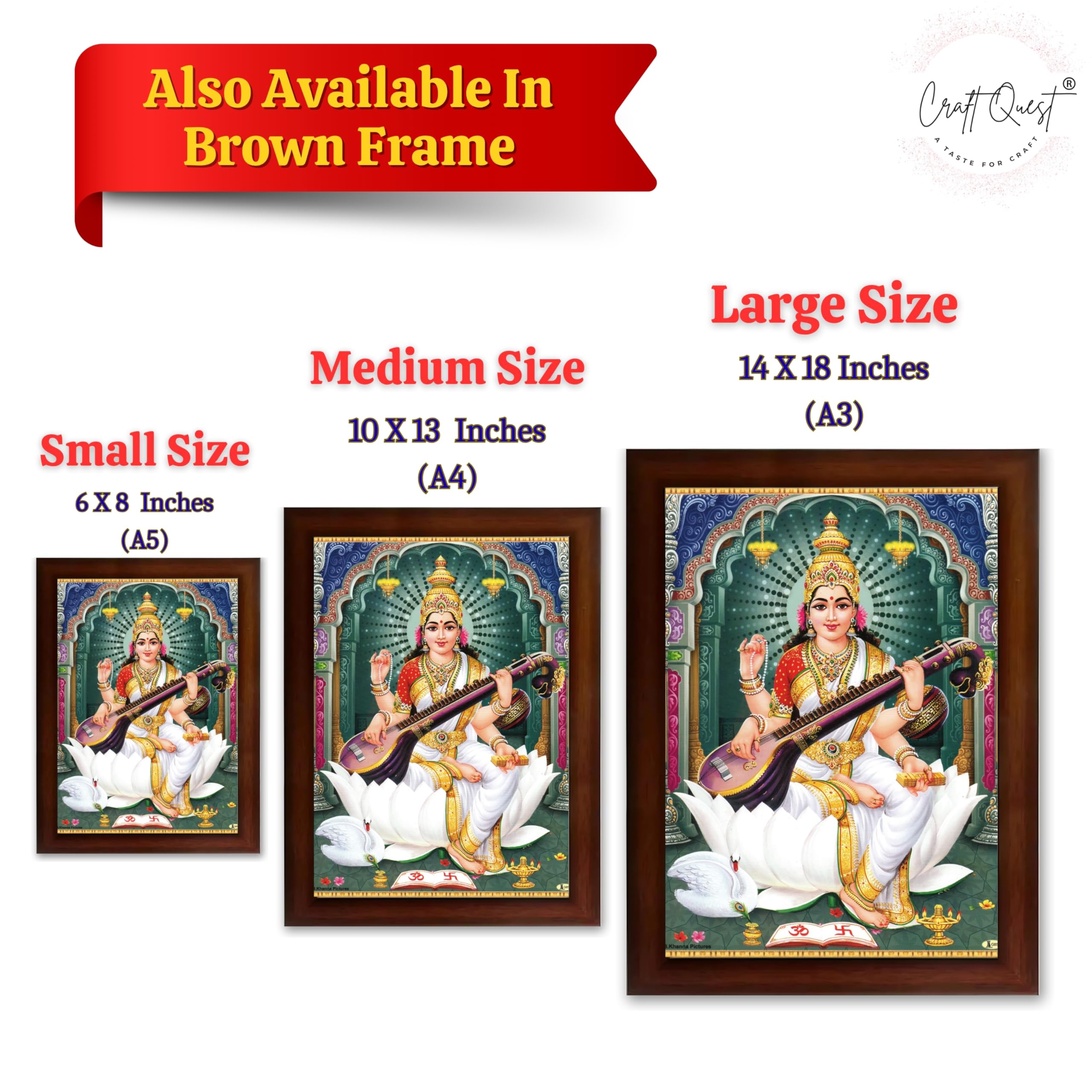 CRAFT QUEST Saraswati Devi Goddess Saraswathi Maa Wall Painting Sparkle Coated Framed Home Décor Synthetic wood