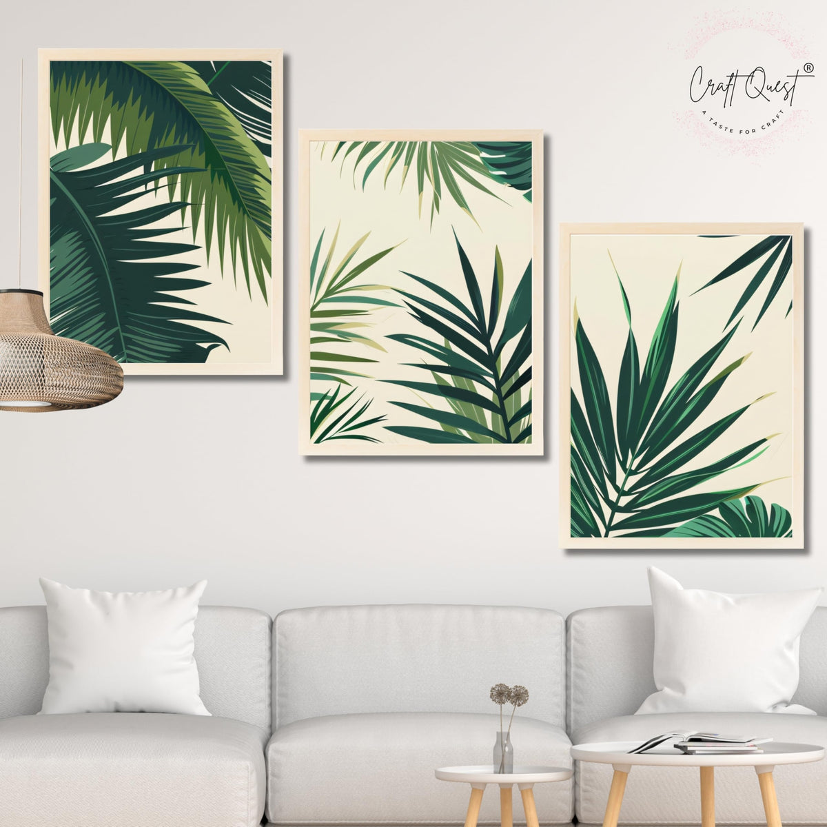 CRAFT QUEST Nature Inspired Tropical Palm Leaves Modern Wall Art | Set of 3 Frames for Home Decoration | Ideal for Living Room, Bedroom & Offices