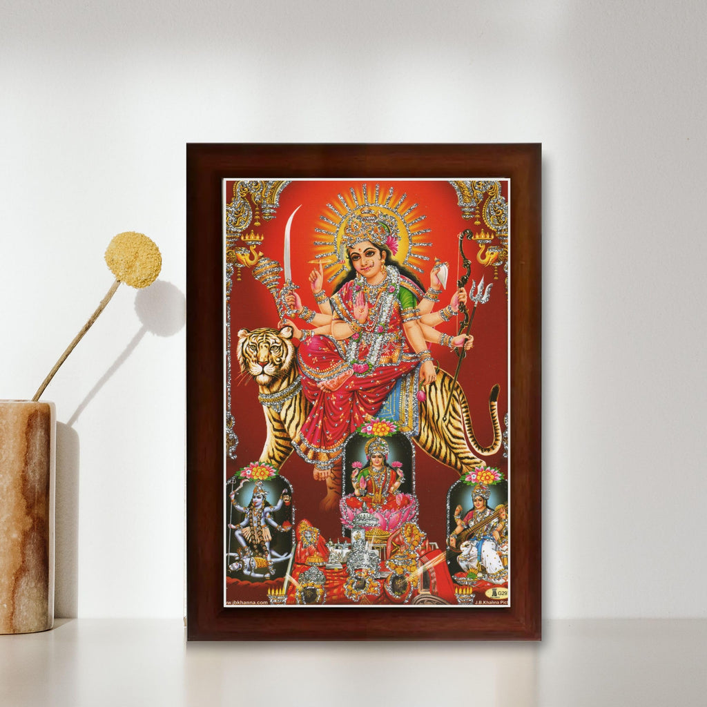 CRAFT QUEST Durga maa photo with BROWN frame, God Religious Framed Painting (Small Size, 8 X 6 Inches) DURGA0608-207B