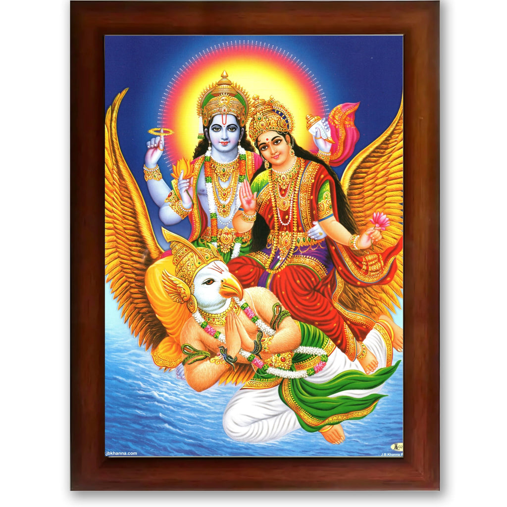 CRAFT QUEST Lord Vishnu and Goddess Lakshmi Giving Blessing on Garud Jii, Glitter Work Painting wooden framed