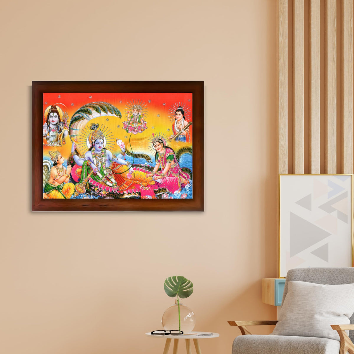 CRAFT QUEST Goddess Lakshmi pressing legs of lord Vishnu on Shesh naag, Glitter Work Painting wooden frame