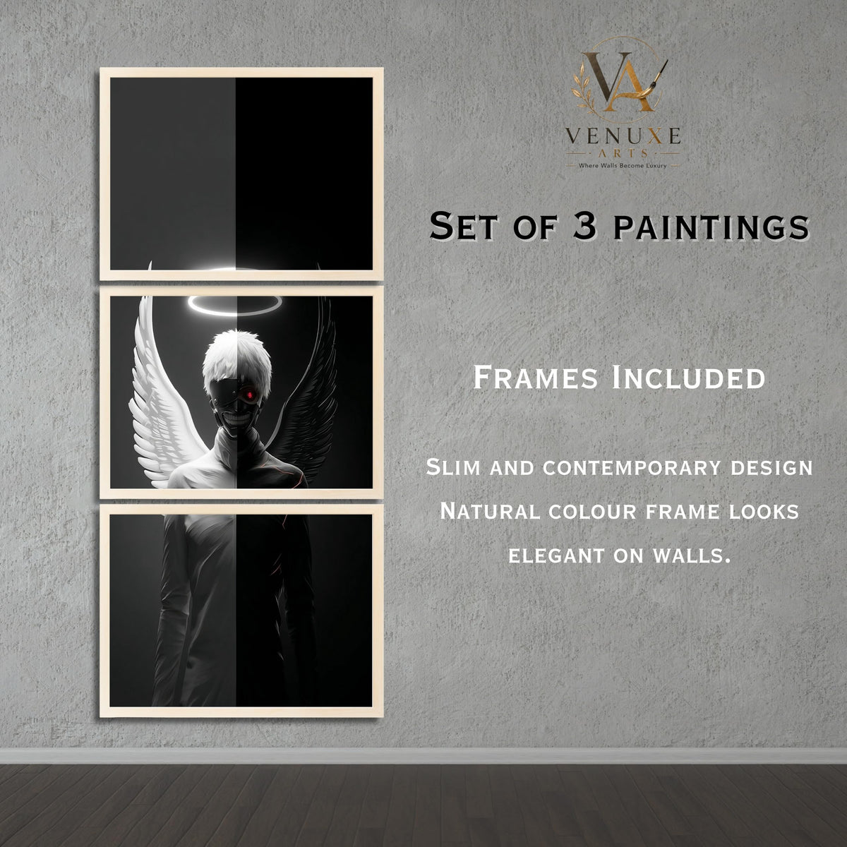 VENUXE ARTS Set Of 3 Anime Characters Wall Framed |Anime Characters Framed Poster for Living Room Bedroom Gaming Room Studio Wall Decor