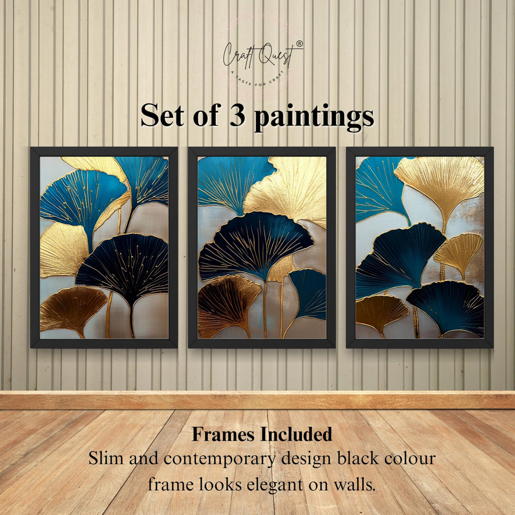 CRAFT QUEST Modern Art Abstract Aureate Geometry Wall Art | Set of 3 Frames for Home Decoration | Ideal for Living Room, Bedroom & Offices
