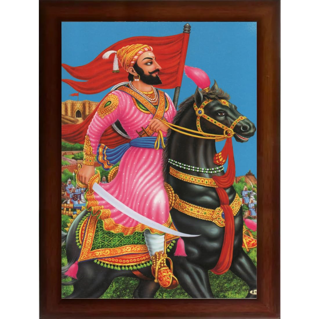 CRAFT QUEST Chhatrapati Shivaji Maharaj on Chetak photo frame Home Decorative items with synthetic frame (10X14 Inches, Brown, Religious)