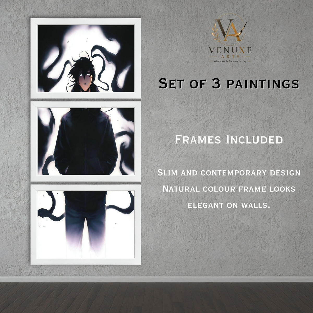 VENUXE ARTS Set Of 3 Anime Characters Wall Framed |Anime Characters Framed Poster for Living Room Bedroom Gaming Room Studio Wall Decor