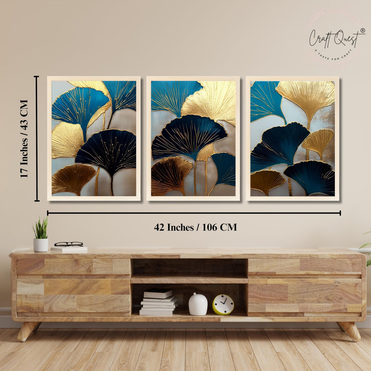 CRAFT QUEST Modern Art Abstract Aureate Geometry Wall Art | Set of 3 Frames for Home Decoration | Ideal for Living Room, Bedroom & Offices