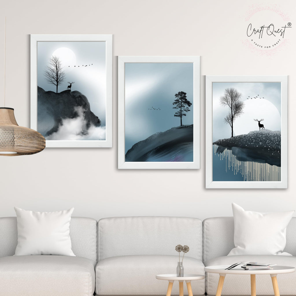 CRAFT QUEST Modern Art Geometric Ink Abstract Wall Art | Set of 3 Frames for Home Decoration | Ideal for Living Room, Bedroom & Offices